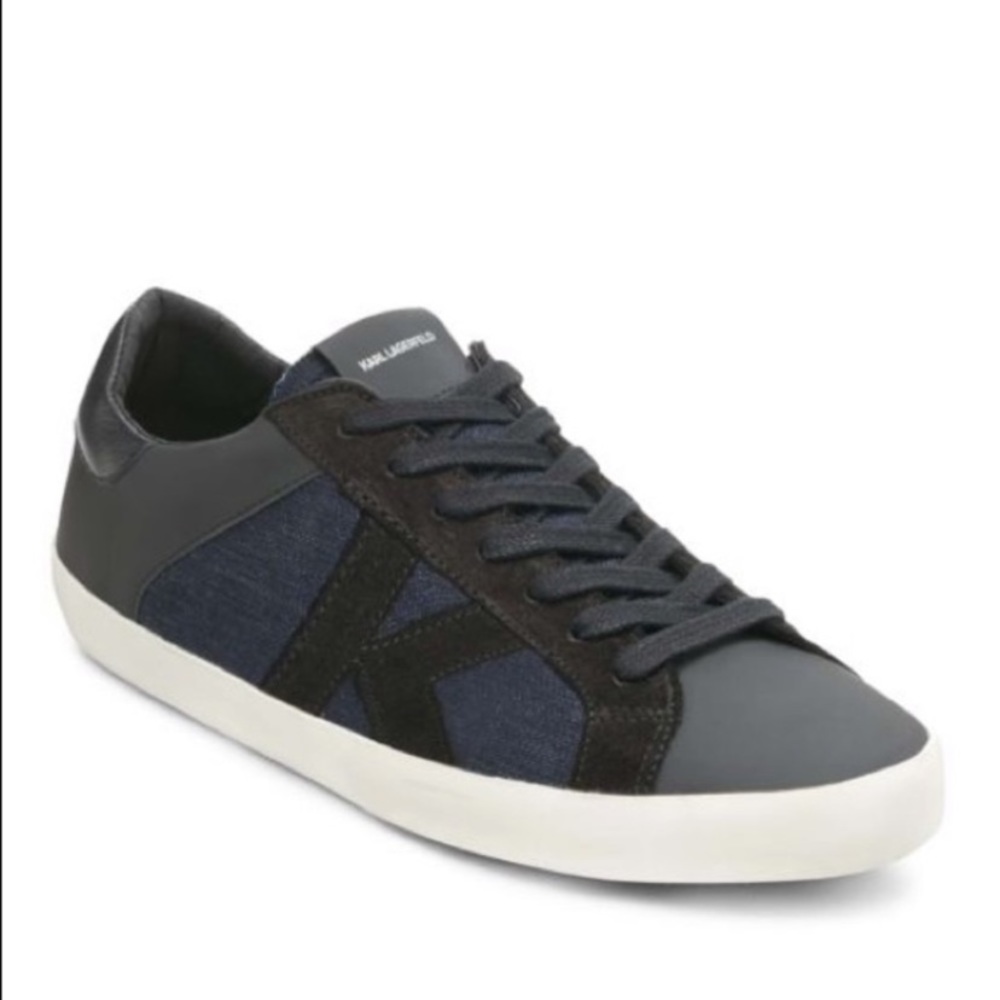 New 9.5 Karl Lagerfeld men’s denim/leather/suede sneakers - Picture 13 of 13